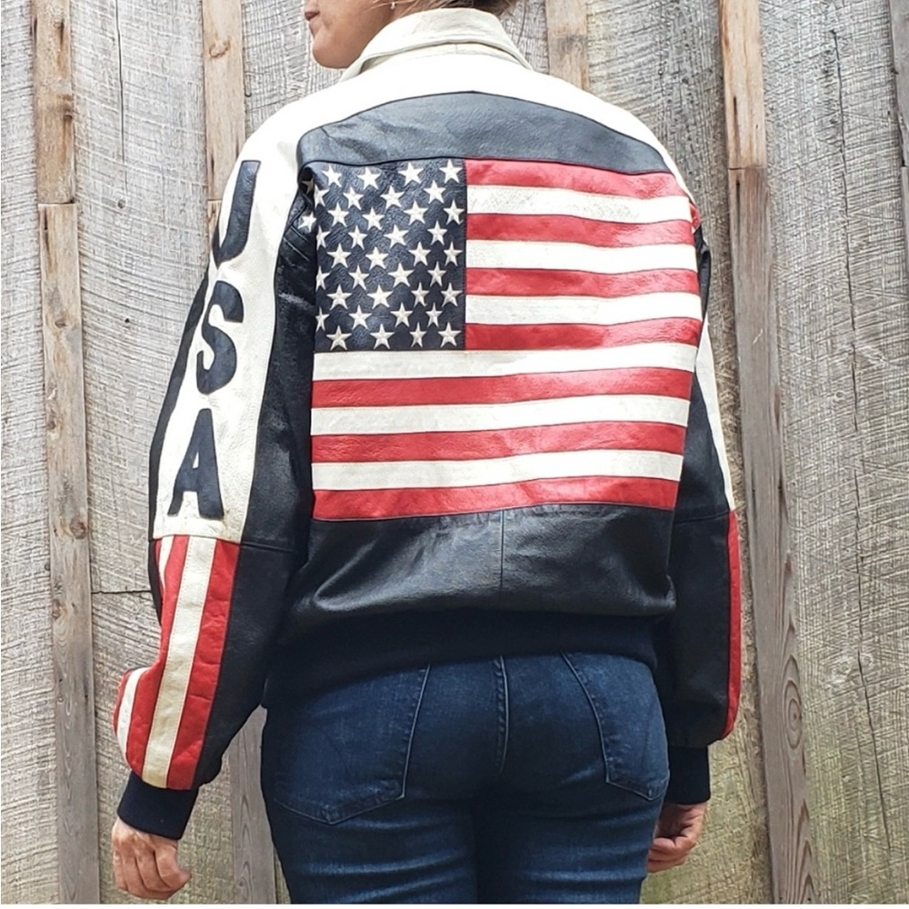 Genuine Leather vintage western bomber USA flag jacket NWT - Picture 7 of 12